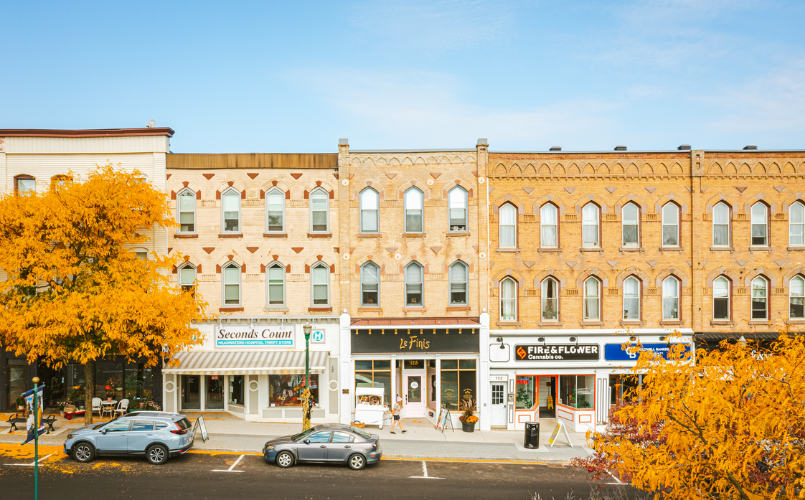 A row of brick historic-looking buildings in downtown Orangeville